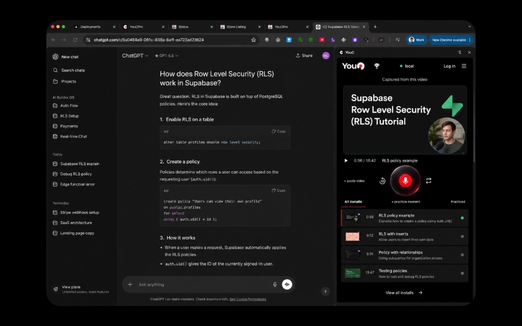 ChatGPT explaining Supabase RLS next to YouC Pro captured from the same tutorial with segment list.
