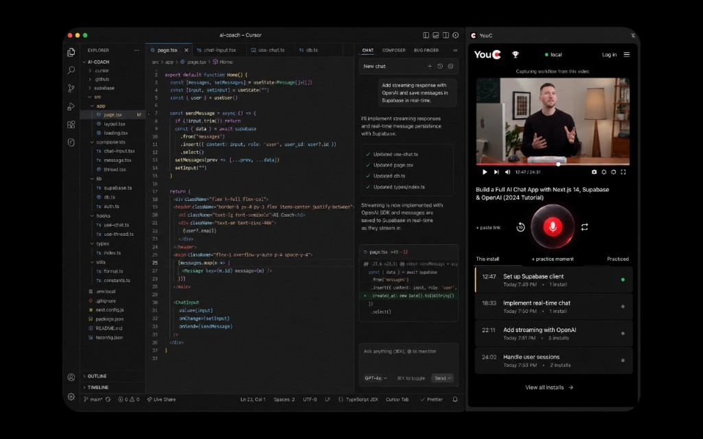 Cursor editor with Supabase chat code, GPT-4o sidebar, and YouC Pro video installs for a Next.js AI chat tutorial.