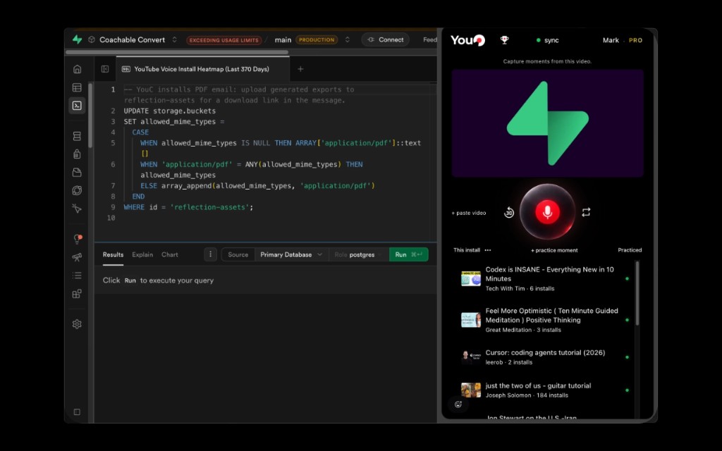 Split view: Cursor Stripe checkout code, localhost pricing checkout, and YouC Pro synced to a Stripe tutorial.