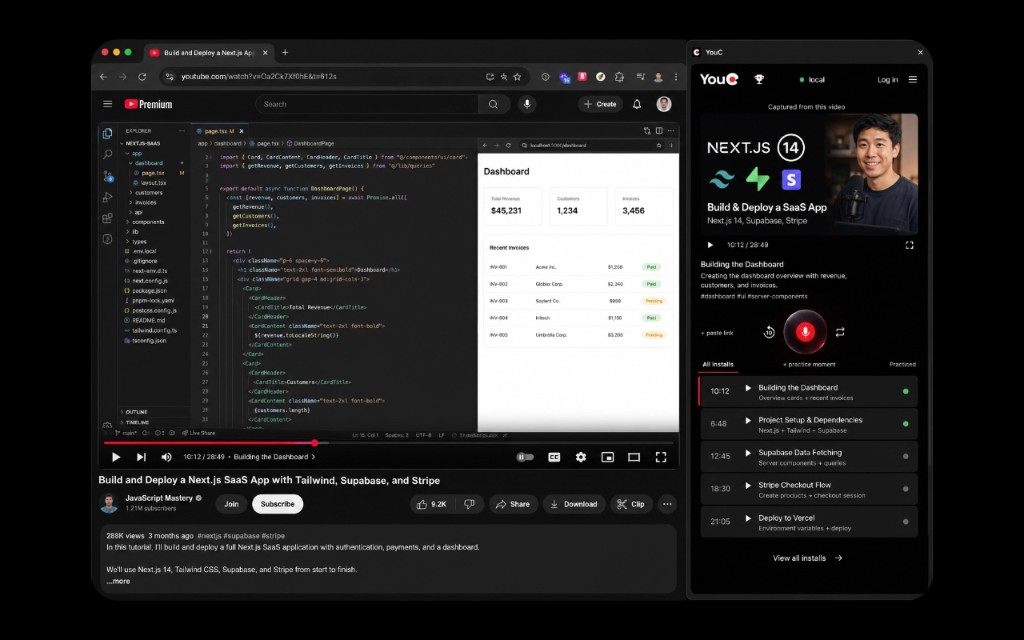 YouTube Next.js SaaS tutorial alongside YouC Pro with chapter installs and practice controls.